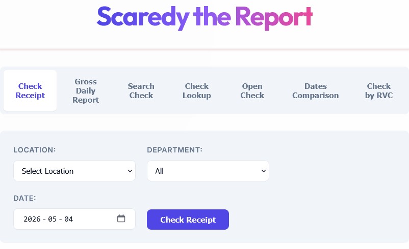Scardy Squirrel event check reporting and receipt reconciliation