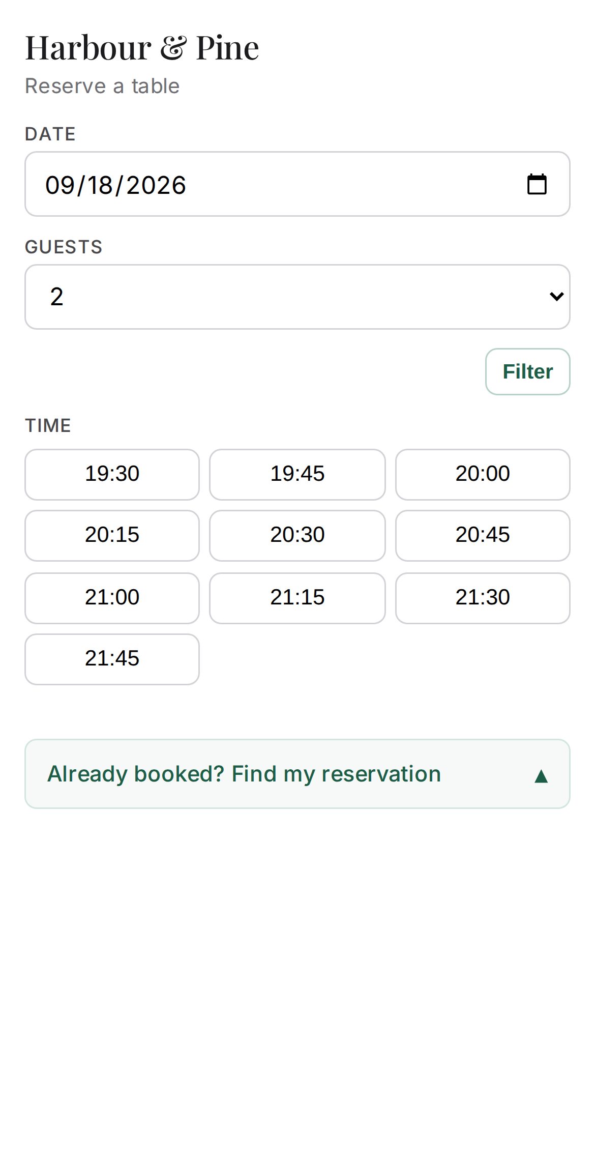 Mobile booking page for a restaurant, showing date, party size and available times.